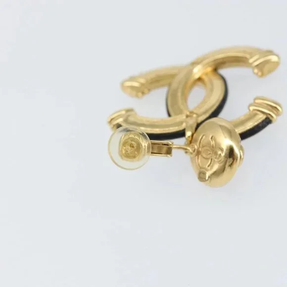 CHANEL COCO Mark Camelia Earring Metal Leather Gold CC Auth am9409 - Picture 15 of 16